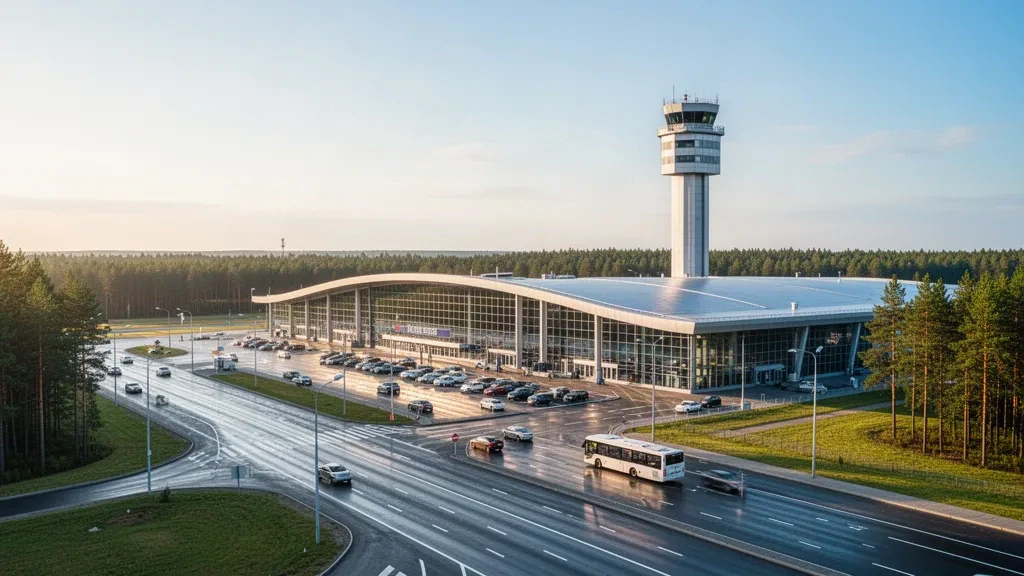 Modern glass terminal exterior at Minsk National Airport with curved roofline, drop-off lanes and pine forest surroundings in golden-hour light.
