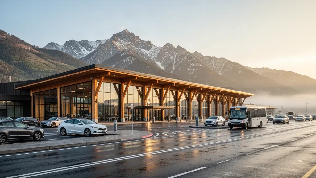 Moderno terminal in legno e vetro all'aeroporto di Missoula Montana con vista sulle montagne sullo sfondo durante l'ora d'oro