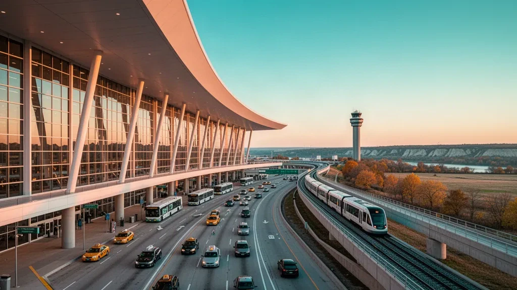 Minneapolis–Saint Paul Uluslararası Havalimanı'nda altın saatlerde, indirme şeritleri ve hafif raylı sistem ile modern cam havalimanı terminal binasının dış görünümü