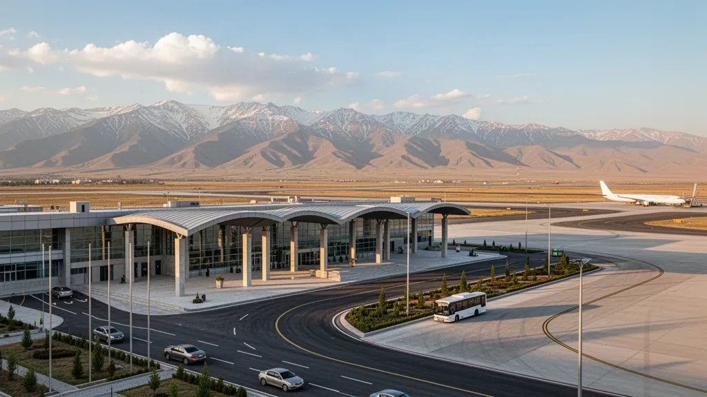 Terminal moderne et aire de stationnement de l'aéroport de Muş dans l'est de la Turquie, encadrés par des montagnes enneigées sous une douce lumière de fin d'après-midi