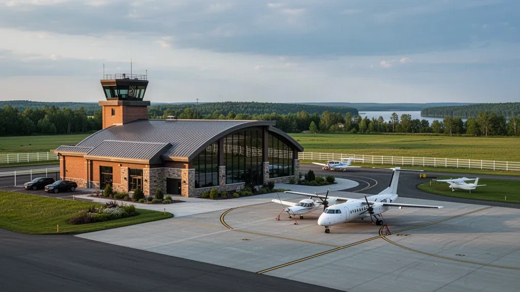 Terminal und Kontrollturm des Massena International Airport zur goldenen Stunde mit einem Regionalflugzeug auf dem Vorfeld im St. Lawrence Valley