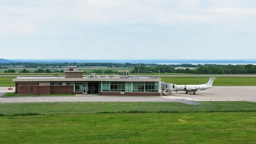 Niedriges Terminalgebäude aus Backstein und Glas am Massena International Airport Richards Field im Norden des Bundesstaats New York mit einem Turboprop-Flugzeug auf dem Vorfeld