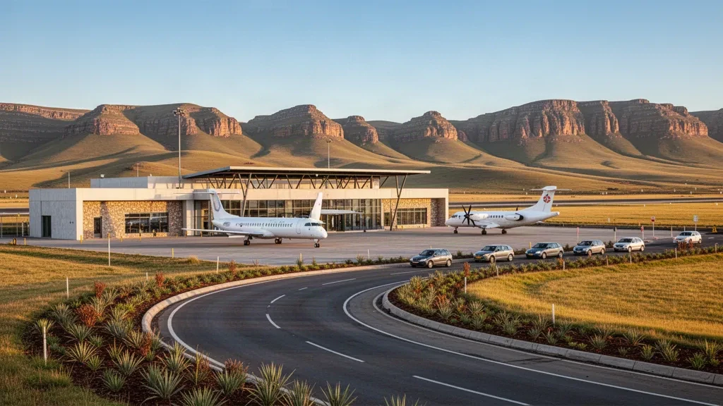 Vista durante la hora dorada de la terminal moderna, la plataforma y la vía de acceso del Aeropuerto Internacional Moshoeshoe I en Lesoto, con montañas de tierras altas de fondo.