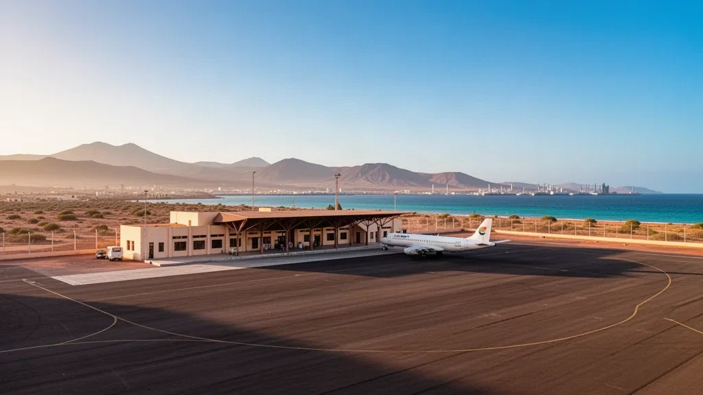 Eritre'nin Kızıldeniz kıyısındaki Massawa Uluslararası Havalimanı'nda altın saat çöl ışığı altında alçak terminal binası ve apron