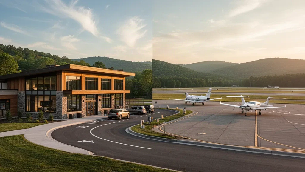 Bethel, New York'taki Sullivan County Uluslararası Havalimanı'nda altın saatlerde apron üzerinde genel havacılık uçağıyla modern terminal binasının dış görünümü.