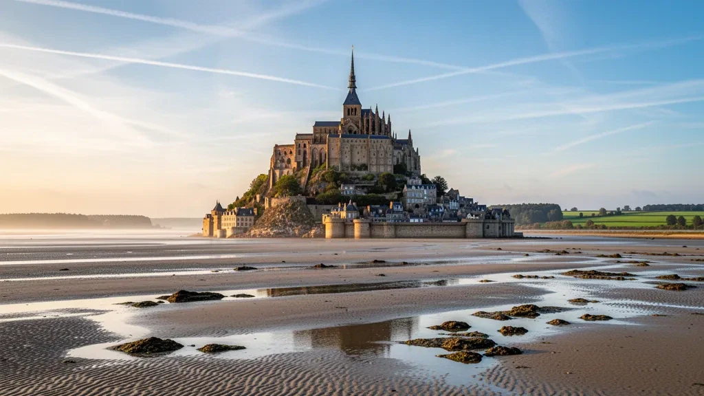 Abtei Mont Saint-Michel, die sich in der Normandie, Frankreich, bei warmem Licht zur goldenen Stunde aus dem Watt erhebt