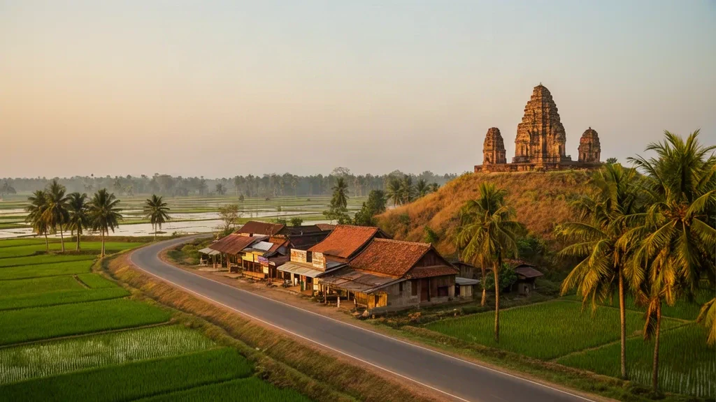 Blick zur goldenen Stunde über Takeo, Kambodscha, mit Reisfeldern, Zuckerpalmen und dem Bergtempel Phnom Chisor