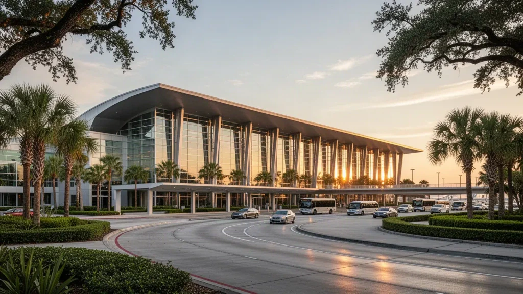 Modern glass terminal and curbside drop-off lanes at Louis Armstrong New Orleans International Airport in warm golden-hour light