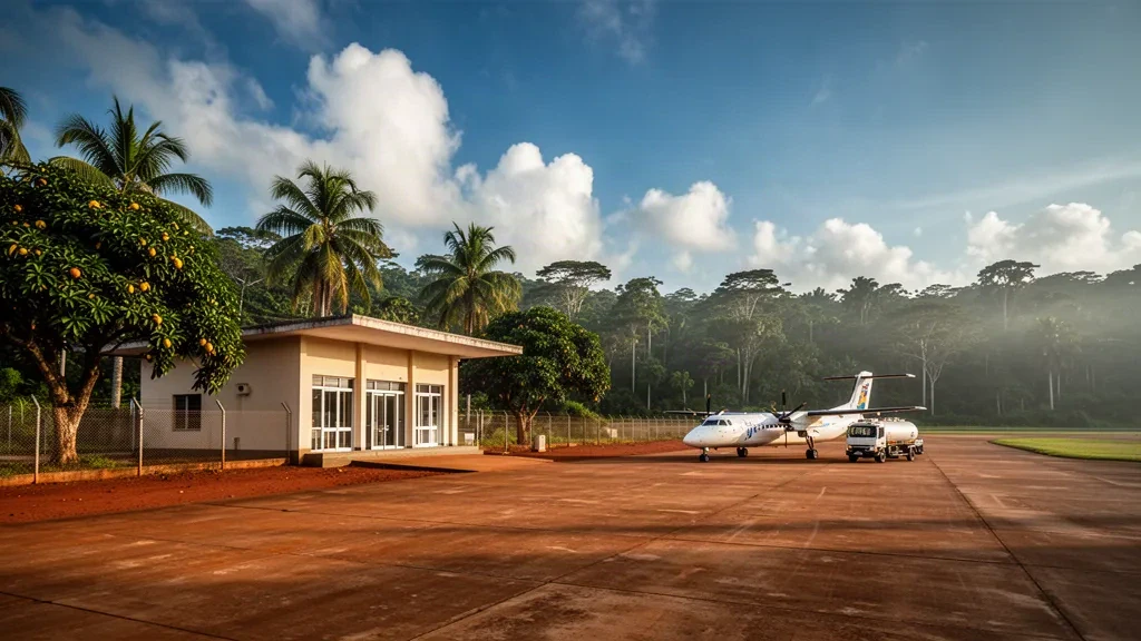 L'aéroport de Mossendjo en République du Congo, montrant le petit terminal à côté de l'aire de stationnement et la forêt tropicale environnante à l'heure dorée