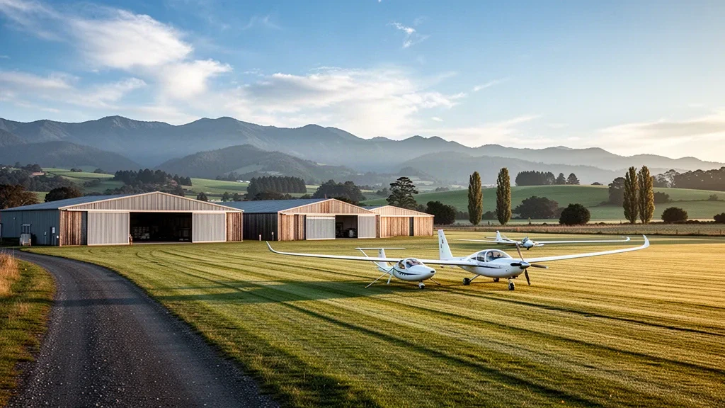 Planeador y avión remolcador en la pista de césped del aeropuerto Matamata Glider, con hangares y las cordilleras Kaimai bajo la suave luz matinal de Waikato
