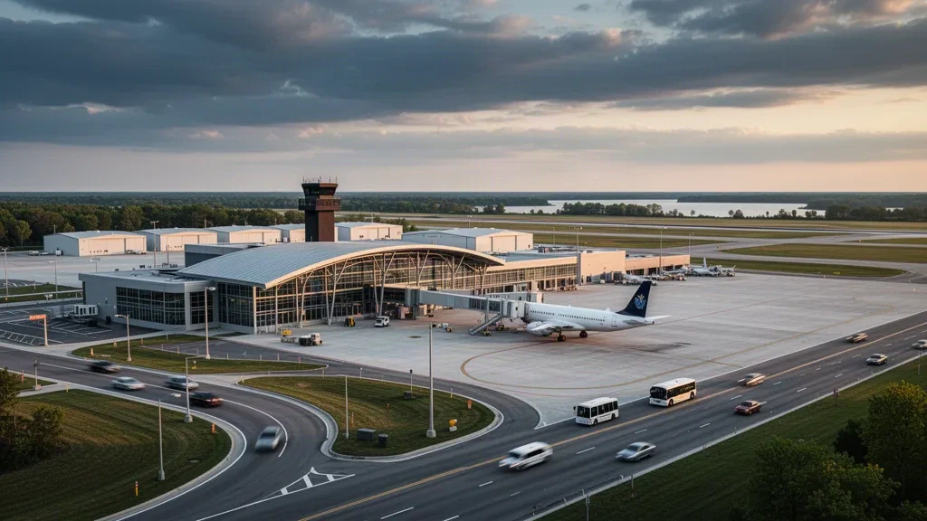 Glass terminal, apron and curbside drop-off at Selfridge Air National Guard Base airport near Mount Clemens, Michigan, in golden-hour light