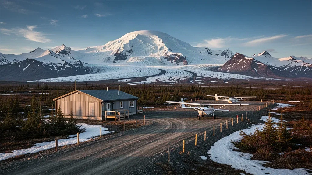 Snow-capped Mount Sanford rises behind a remote gravel airstrip and small station building in the Alaskan wilderness at golden hour