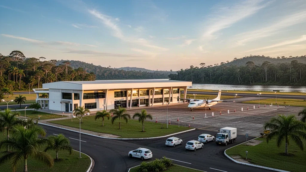 Terminal aeroportuale regionale dell'Amazzonia e piazzale di sosta dell'aeroporto di Monte Alegre in Pará, Brasile, nella calda luce del tardo pomeriggio