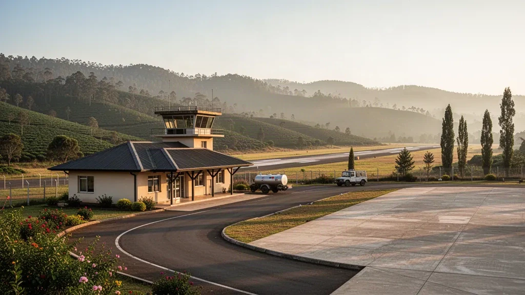 Etiyopya'daki Mizan Teferi Havalimanı'nda sıcak öğleden sonra ışığı altında yeşil yayla tepeleriyle çevrili küçük bölgesel terminal ve pist