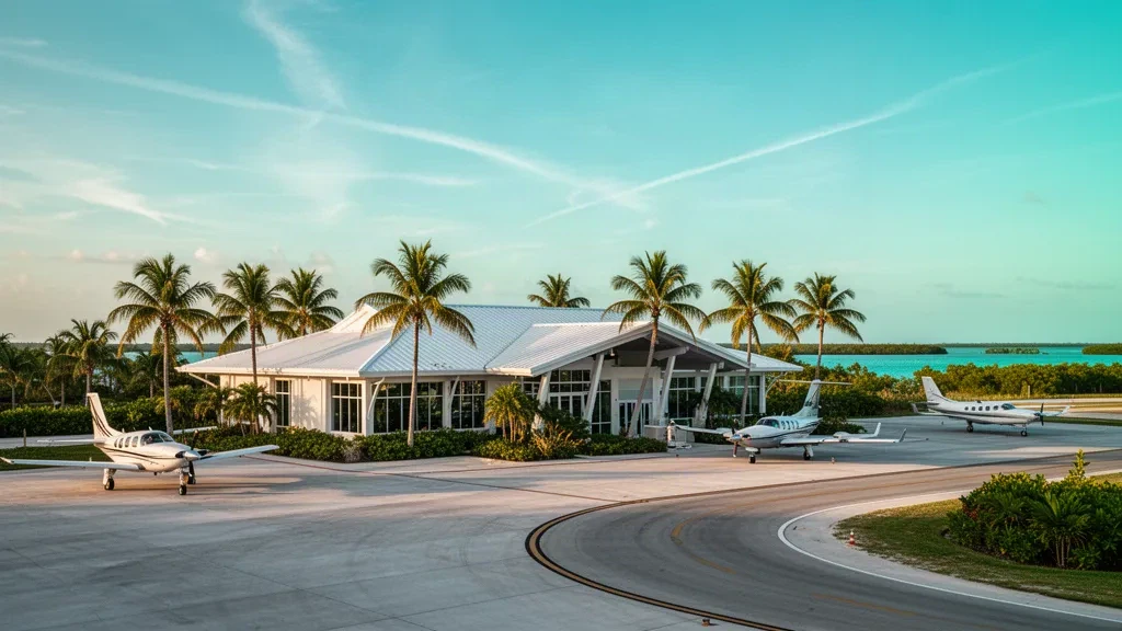 Niedriges Terminalgebäude und palmengesäumtes Vorfeld am Florida Keys Marathon International Airport in Marathon, Florida, in warmem Licht zur goldenen Stunde