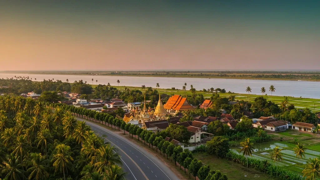 Golden-hour view over Suong, Tboung Khmum Province, Cambodia, with a Buddhist pagoda, rubber plantations and Mekong River lowlands