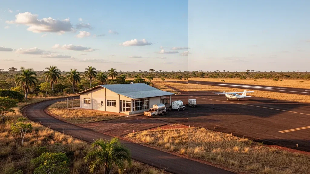Vila Bela da Santíssima Trindade, Mato Grosso'da sıcak öğleden sonra ışığı altında küçük bölgesel havalimanı apronu ve tek katlı terminal.