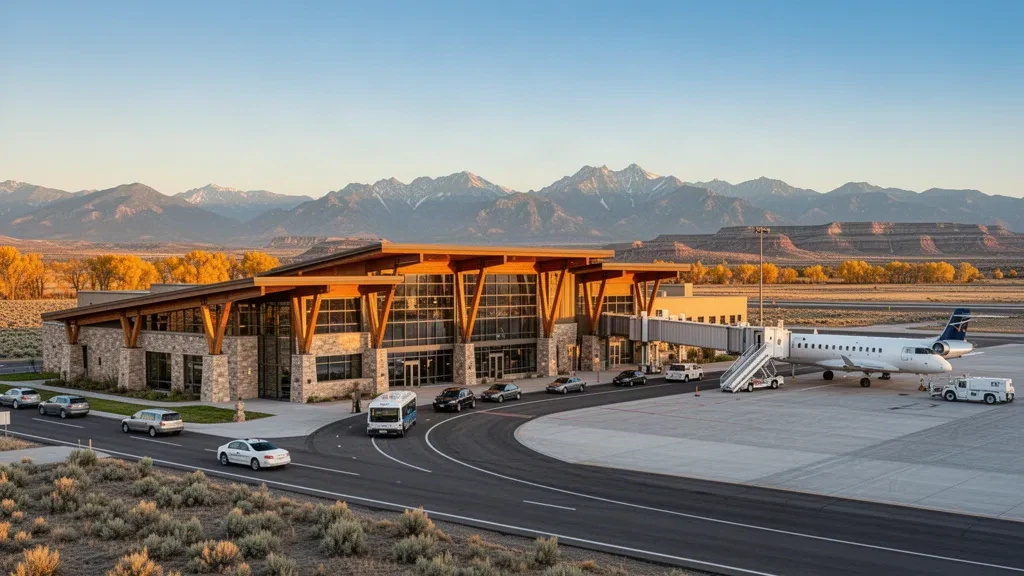 Modernes Terminal aus Holz und Glas am Montrose Regional Airport in Colorado mit Bergblick und Flugzeugen auf dem Vorfeld zur goldenen Stunde