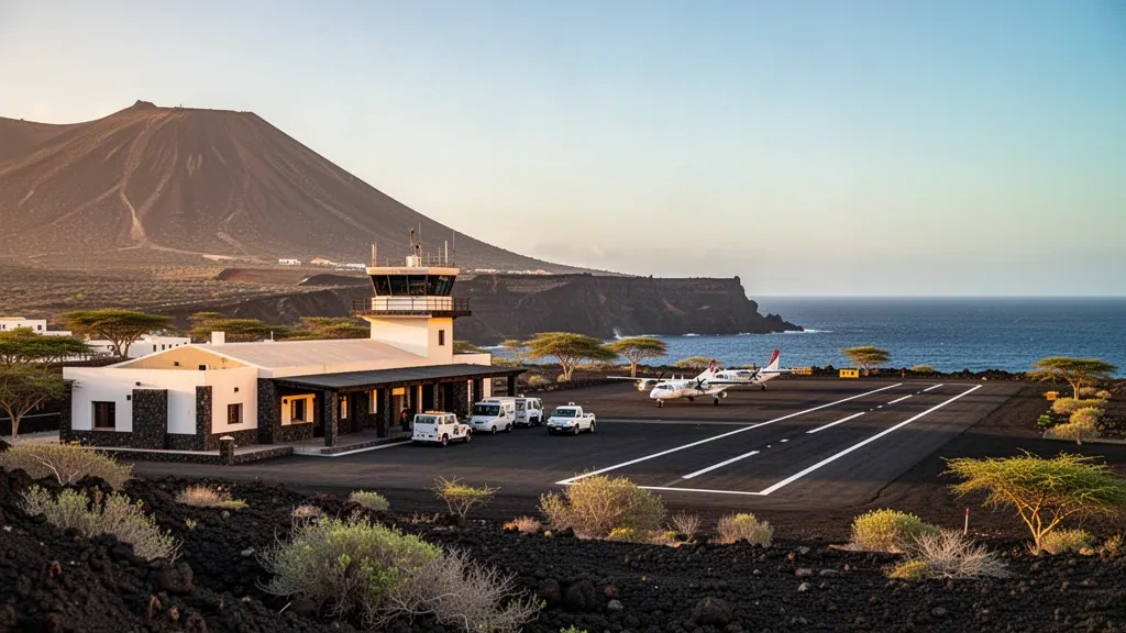 Fogo Adası, Cape Verde'deki Mosteiros'ta küçük ada havalimanı terminali, altın saatlerde volkanik dağlar ve Atlantik kıyı şeridi.