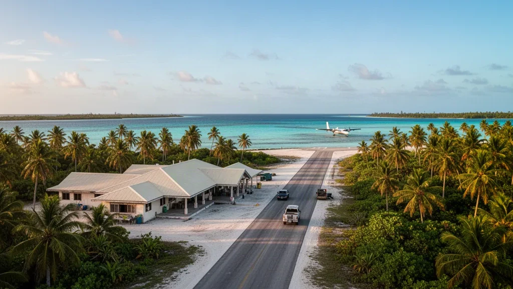 Pista dell'Aeroporto di Makin Island e terminal tropicale su atollo di Kiribati sotto un luminoso cielo del Pacifico