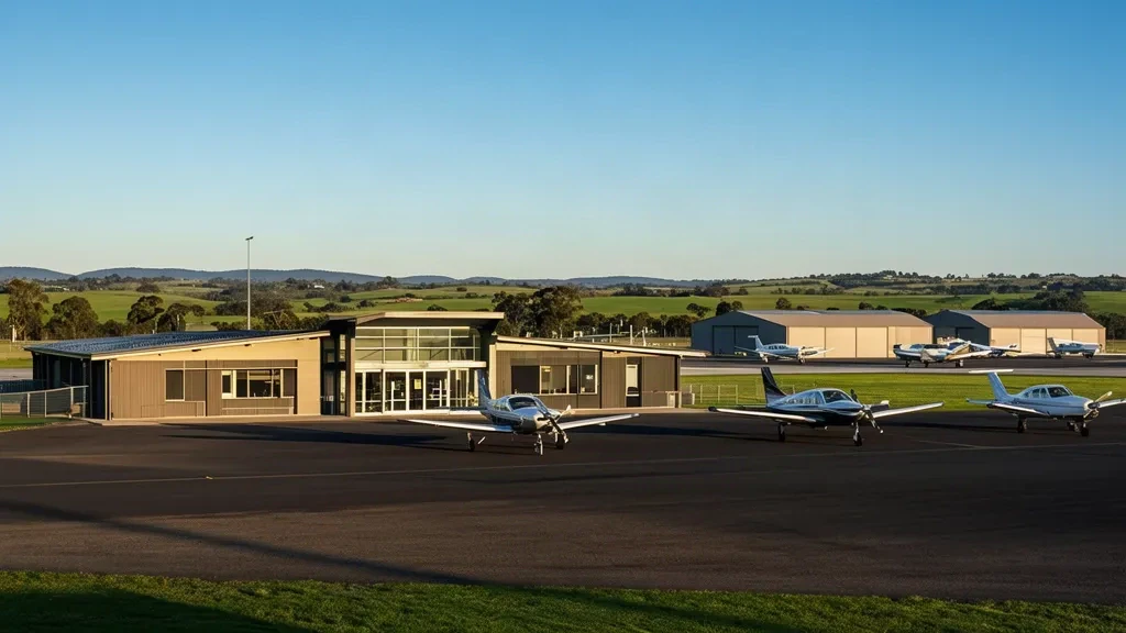 Maitland Airport MTL terminal exterior and apron in Rutherford, New South Wales, with parked light aircraft and rural Hunter Valley surroundings.