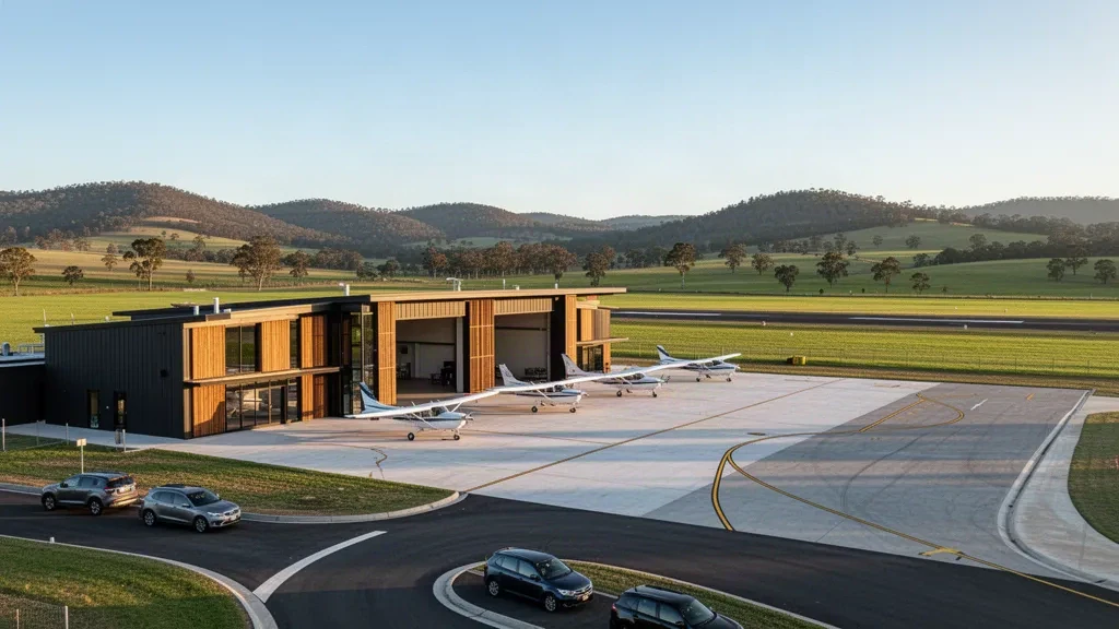 Terminal de faible hauteur, hangars et avions légers sur le tarmac de l'aéroport de Maitland dans la Hunter Valley, en Nouvelle-Galles du Sud, sous une lumière dorée.