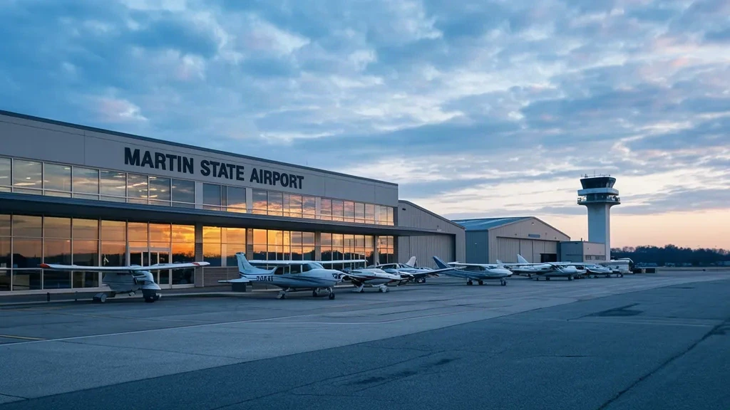 Außenansicht des Martin State Airport MTN in Middle River, Maryland, mit Terminal, Hangars und abgestellten Flugzeugen.
