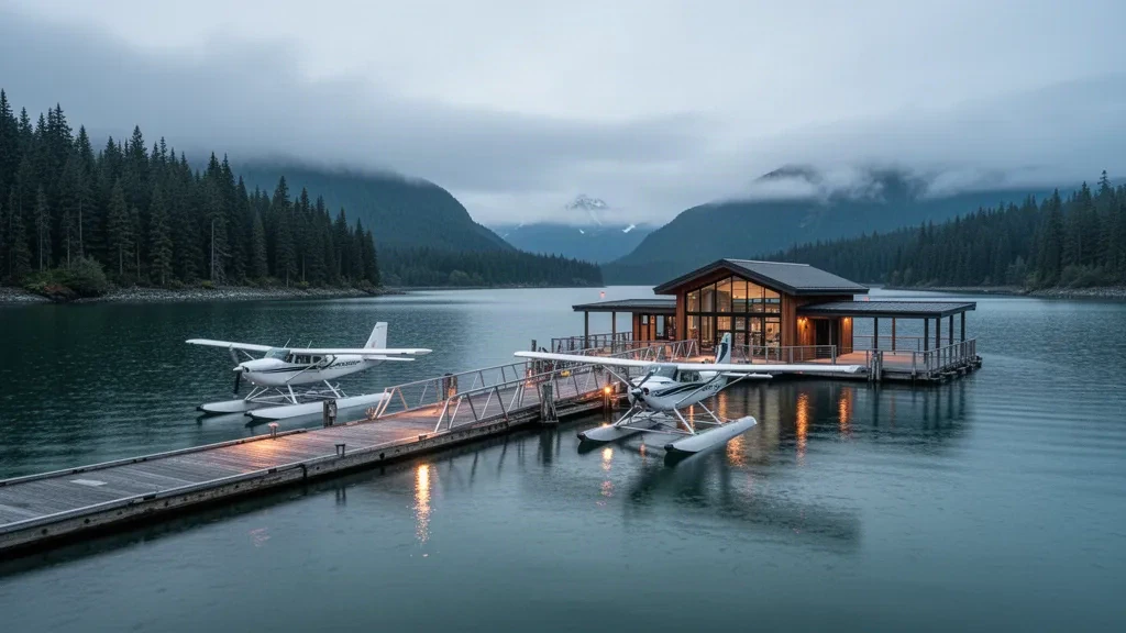 Alaska'daki Metlakatla Deniz Uçağı Üssü iskelesine bağlanmış deniz uçakları; sakin su, ormanlık adalar ve puslu kıyı dağları.