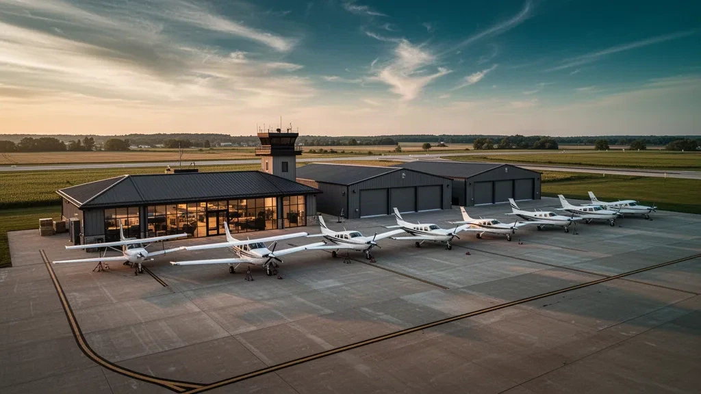 Blick zur goldenen Stunde auf das Terminal des Coles County Memorial Airport, Vorfeldflugzeuge und Hangars vor der flachen Farmlandschaft von Illinois