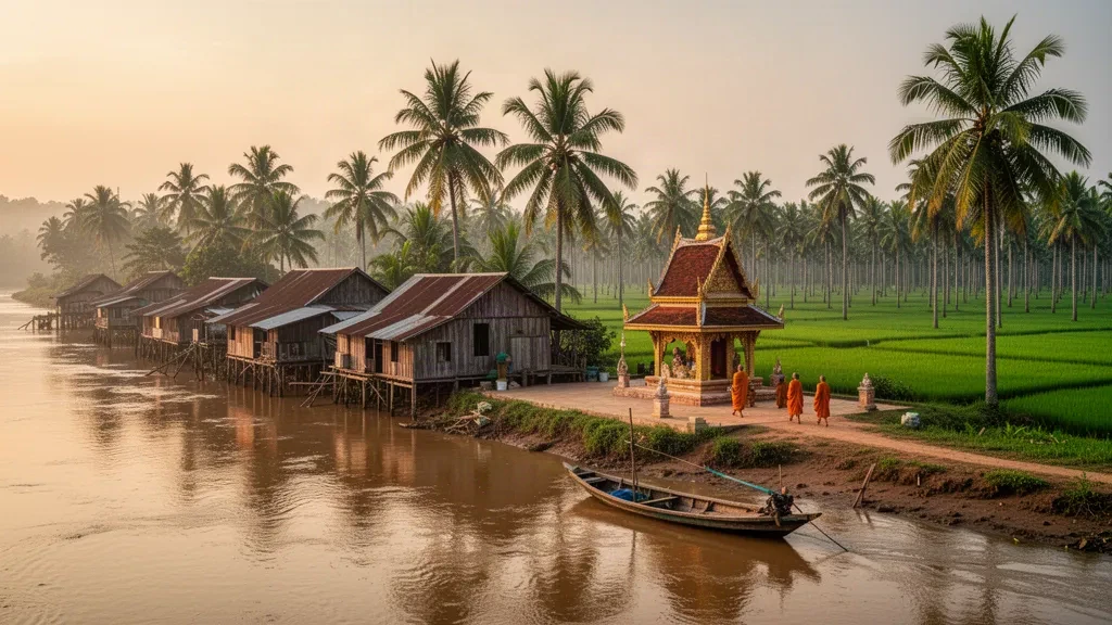 Vue à l'heure dorée des rives du Mékong à Tboung Khmum, Cambodge, avec des maisons khmères sur pilotis, une pagode bouddhiste et des palmiers luxuriants.