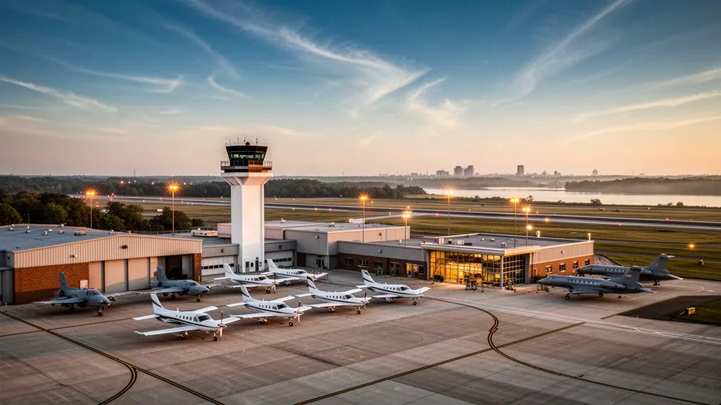 Aeroporto Martin State a Middle River, Maryland, durante l'ora d'oro, con la torre di controllo, gli hangar, la pista e il contesto fluviale vicino alla baia di Chesapeake