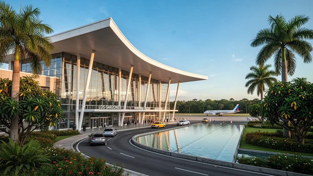 Außenansicht eines modernen Glasterminals am Flughafen Los Garzones in Montería, Kolumbien, umrahmt von tropischen Palmen im warmen Nachmittagslicht