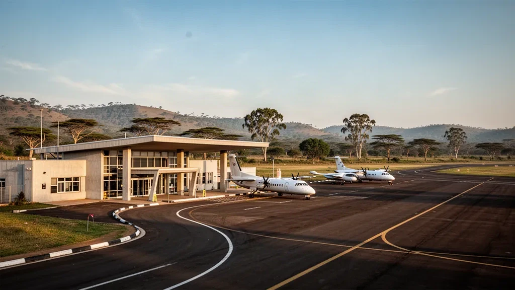 Low-rise terminal building and apron at Matsapha International Airport in Eswatini with parked aircraft and green hills under golden-hour light