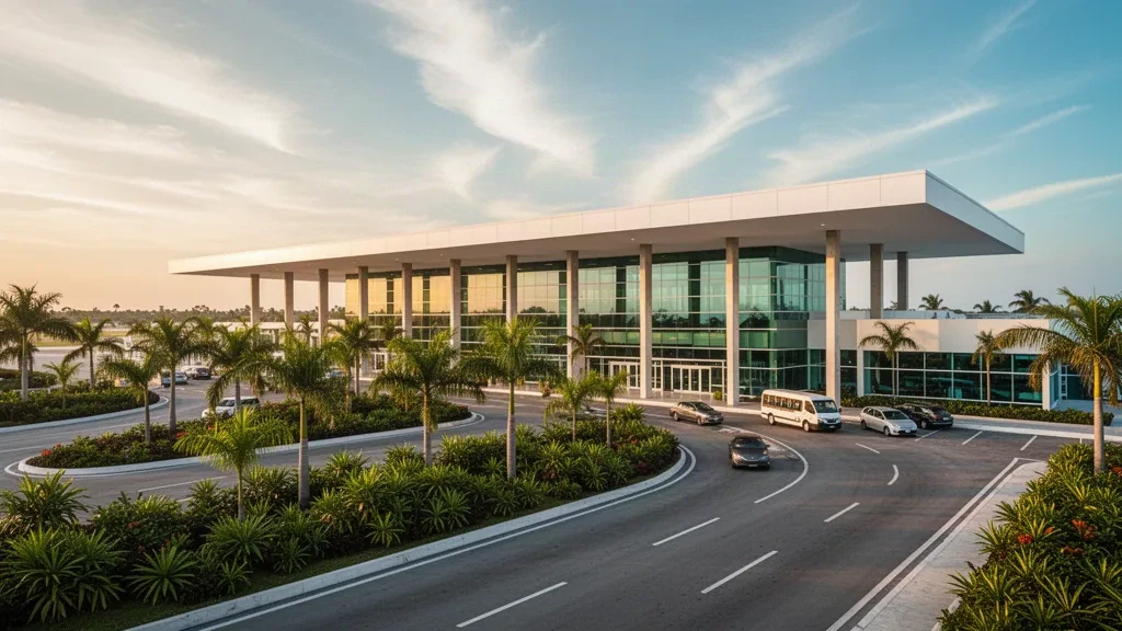 Extérieur d'un terminal moderne à l'aéroport international de Minatitlán/Coatzacoalcos au Veracruz, au Mexique, avec aménagement paysager tropical et voies de dépose.