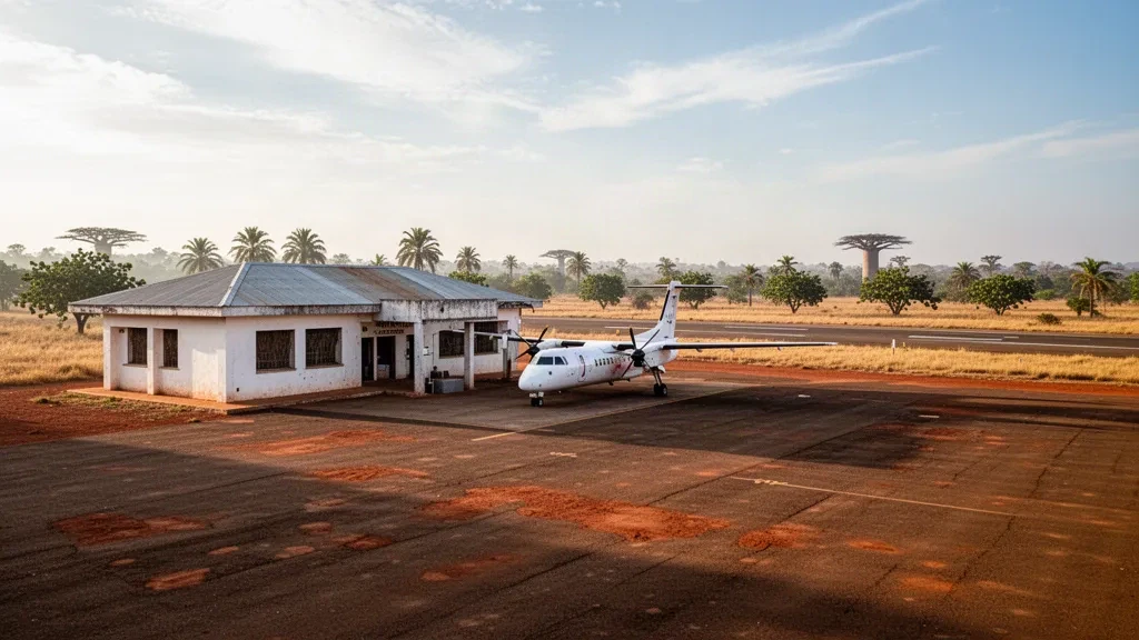 Mozambik'in Cabo Delgado bölgesindeki Montepuez Havalimanı'nda sıcak öğleden sonra ışığında küçük bölgesel terminal, apron ve park halindeki turboprop uçak