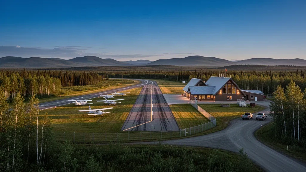 Kleiner Flugplatz für die allgemeine Luftfahrt mit einer einzigen Start- und Landebahn bei Metro Field in Fairbanks, Alaska, umrahmt von Birkenwald im warmen Licht der goldenen Stunde
