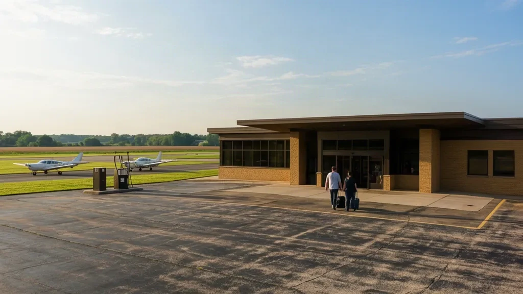 Petit terminal d'aviation générale et tarmac d'aéronefs à l'aéroport du comté de Manitowoc dans le Wisconsin par un après-midi dégagé