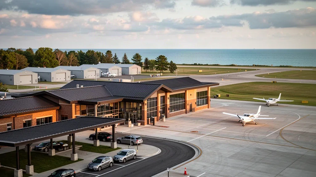 Manitowoc County Havalimanı terminali ve Lake Michigan yakınında altın sarısı Wisconsin ışığı altında hafif uçakların bulunduğu apron