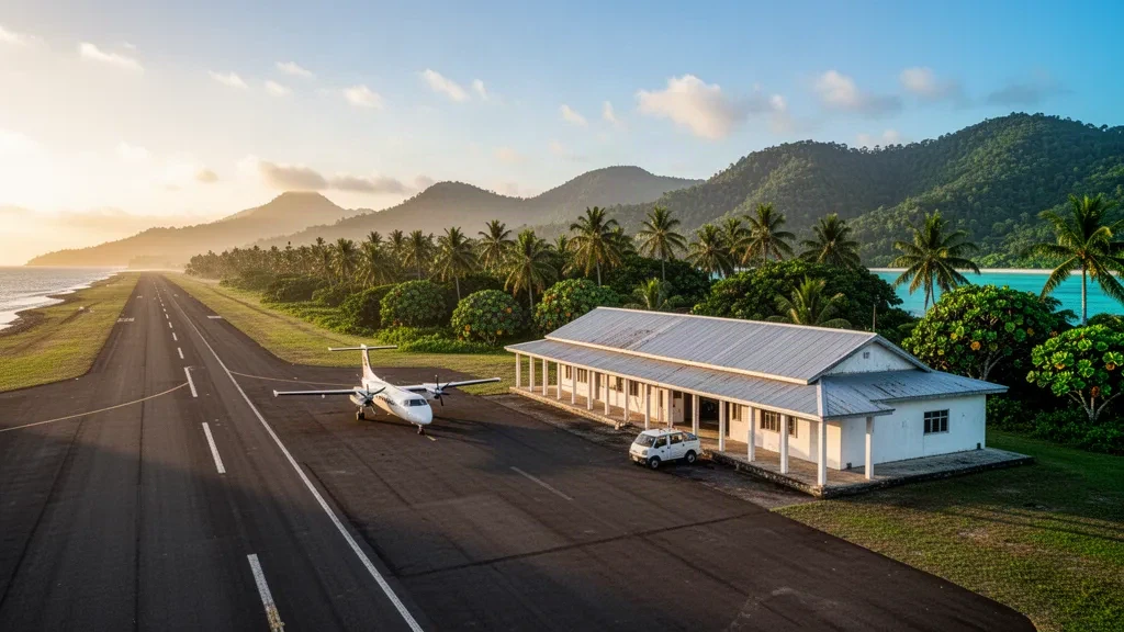 Munda Airport terminal, apron and palm-lined runway in the Solomon Islands under warm tropical afternoon light