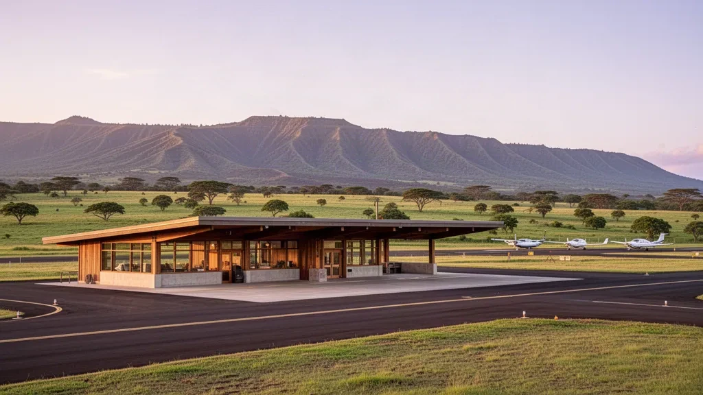 Kleines offenes Terminal am Waimea-Kohala Airport in Hawaii, goldenes Abendlicht über grünem Weideland und Vulkanbergen.