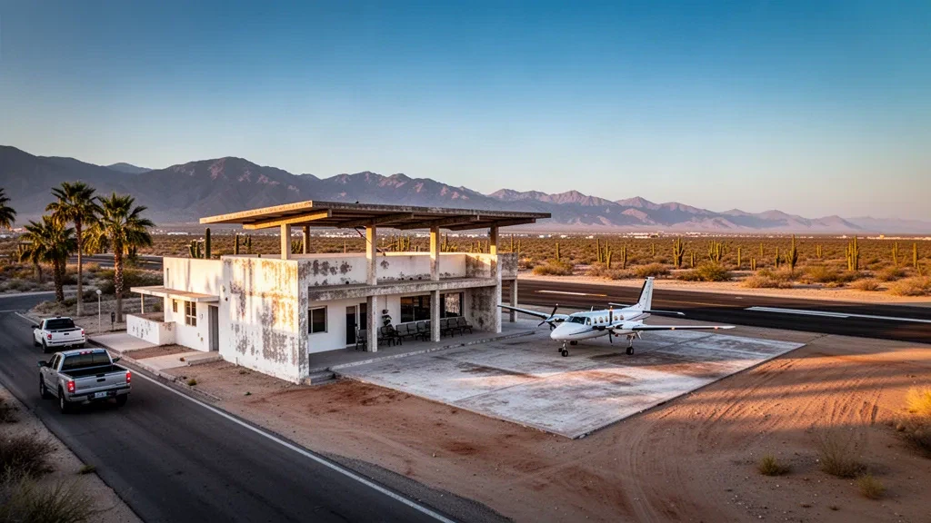 Kleine Wüstenpiste und Terminal für Mulegé, Baja California Sur, zur goldenen Stunde mit fernen Bergen und einem abgestellten Flugzeug.