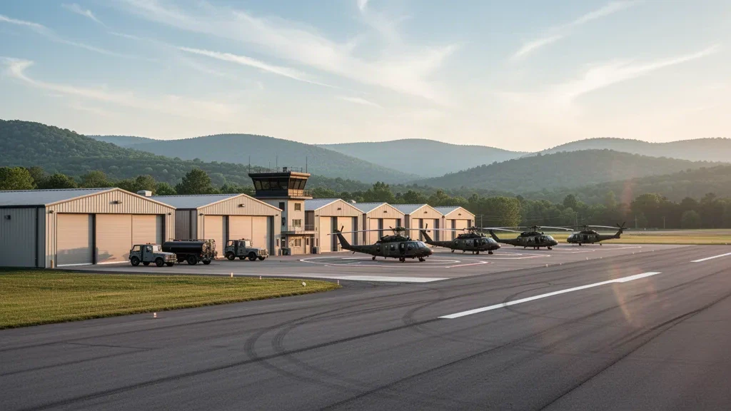Muir Army Airfield at Fort Indiantown Gap in Pennsylvania, with helicopters, hangars and a runway among forested Appalachian ridges