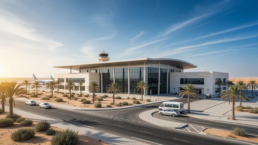 Extérieur moderne du terminal et routes d'accès bordées de palmiers à l'aéroport international de Marsa Matruh sur la côte méditerranéenne égyptienne, en pleine journée.
