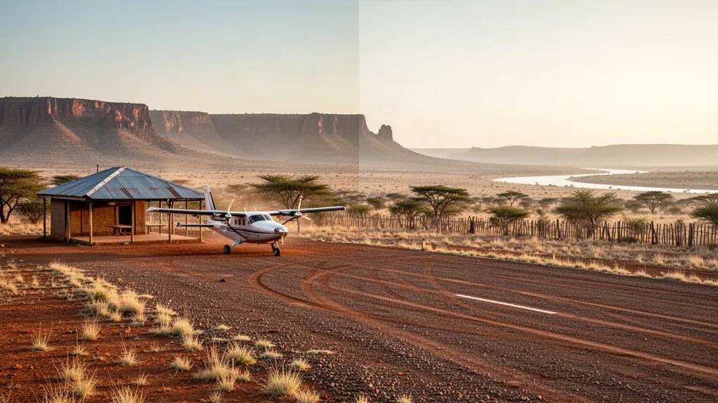 Small aircraft beside a gravel runway and simple airfield shelter at remote Mui River Airport in Ethiopia's Omo Valley lowlands