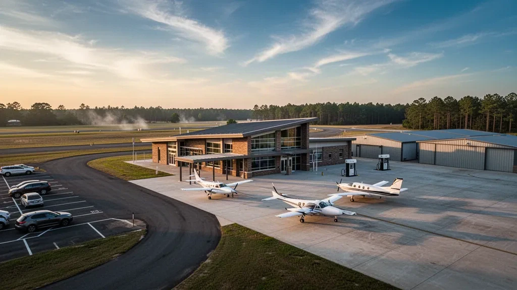 Einstöckiges Terminal für die allgemeine Luftfahrt und Vorfeld mit Flugzeugen am Spence Airport nahe Moultrie, Georgia, in warmem Licht zur goldenen Stunde