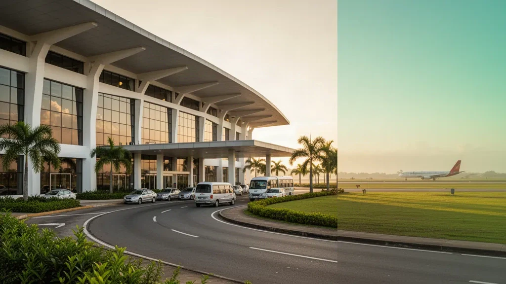 Modern glass terminal facade and drop-off lanes at José Tadeo Monagas International Airport in Maturín, Venezuela