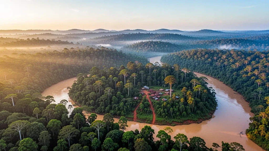 Luftaufnahme bei Sonnenaufgang über den dichten Regenwald des Kongobeckens und den sich windenden Dja-Fluss in der Ostregion Kameruns