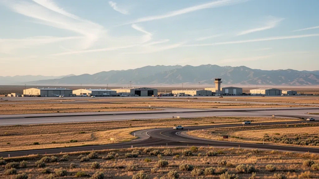 Weite Ansicht des Flugfelds der Mountain Home Air Force Base in der Wüstenlandschaft Idahos zur goldenen Stunde, mit Start- und Landebahnen und Hangars