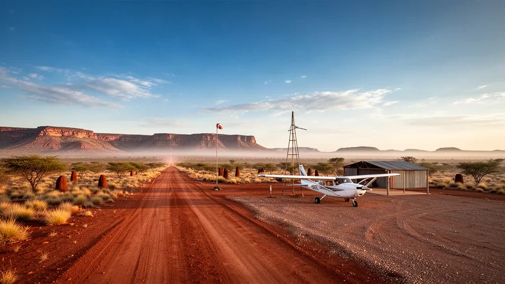 Aeropuerto de Muccan Station en el interior remoto de Pilbara con una pista de tierra roja, avioneta, spinifex y crestas de meseta durante la hora dorada