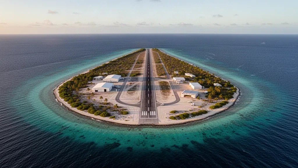 Vista aérea de la remota pista de la Base Aérea de Minami Torishima atravesando una pequeña isla de coral en el océano Pacífico